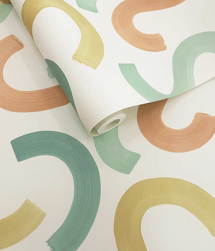 Curly Confetti Wallpaper - Teal/Ochre/Orange