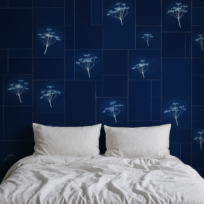 Cyanotype Floral - Prussian Blue - Custom Sized Wallpaper Mural (per m2)