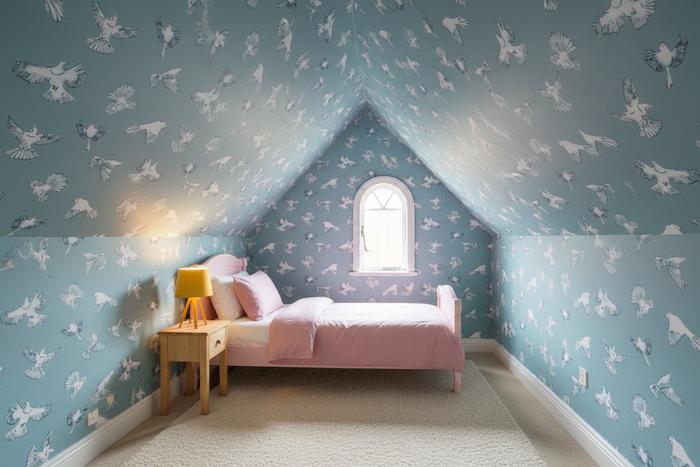 Dawn Chorus Grey Blue wallpaper in child's bedroom with sloping roof