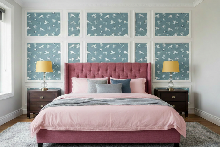 Dawn Chorus Grey Blue wallpaper bedroom with single pink bed and yellow lampshades