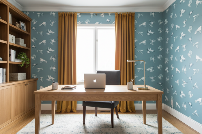 Dawn Chorus Grey Blue wallpaper office with light oak furniture and golden curtains