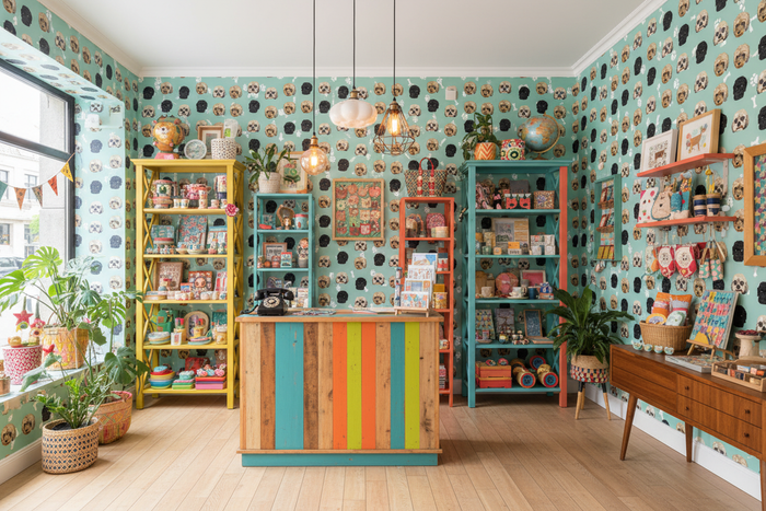 Fun Quirky Shop Scene with Dear Alvin Mint Wallpaper