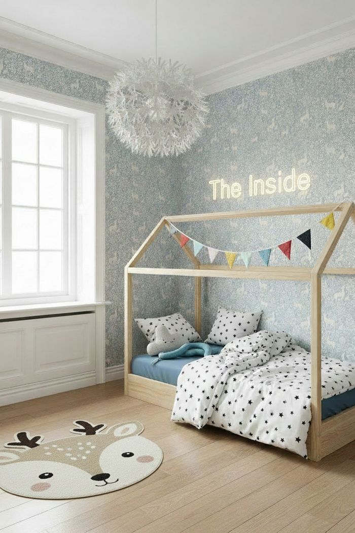 Kids bedroom with Deer Woods blue wallpaper, deer rug, and The Inside neon sign