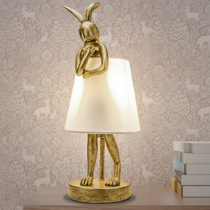 Gold Rabbit Lamp with Deer Woods Pink Wallpaper - No Trim