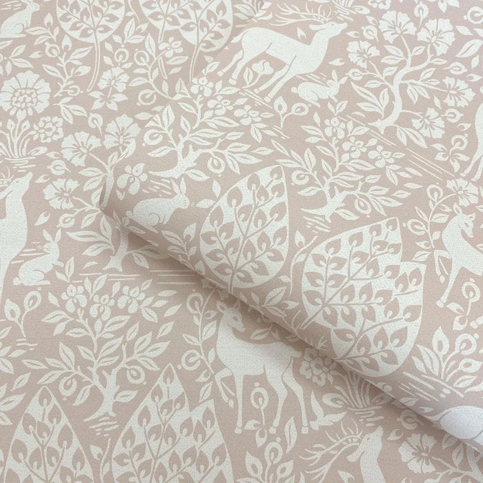 Deer Woods – Folk Forest Wallpaper – Pink