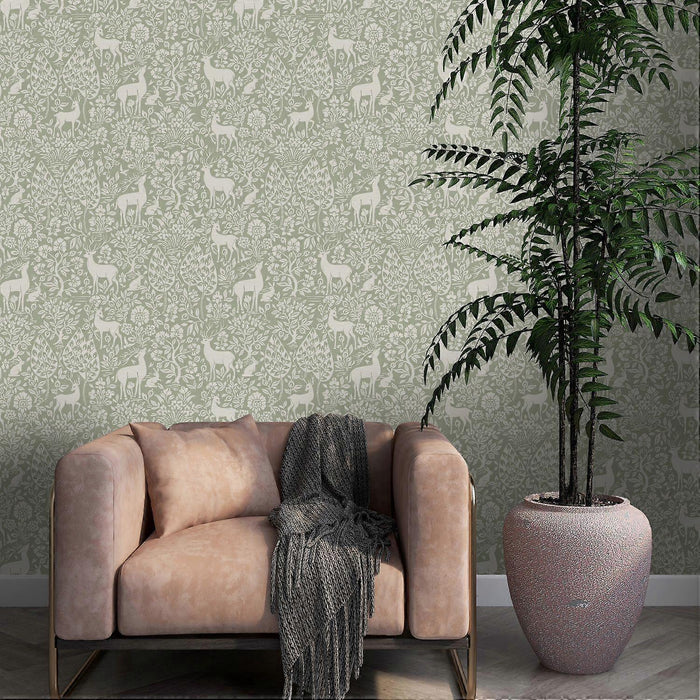 Deer Woods – Folk Forest Wallpaper – Sage