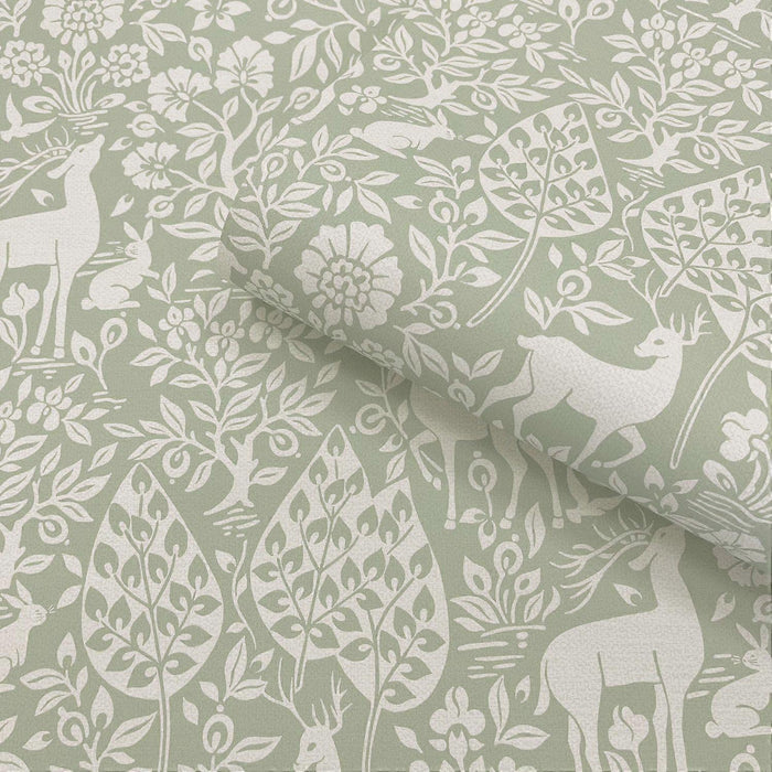 Deer Woods – Folk Forest Wallpaper – Sage