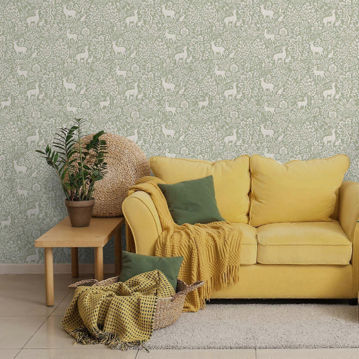 Deer Woods – Folk Forest Wallpaper – Sage