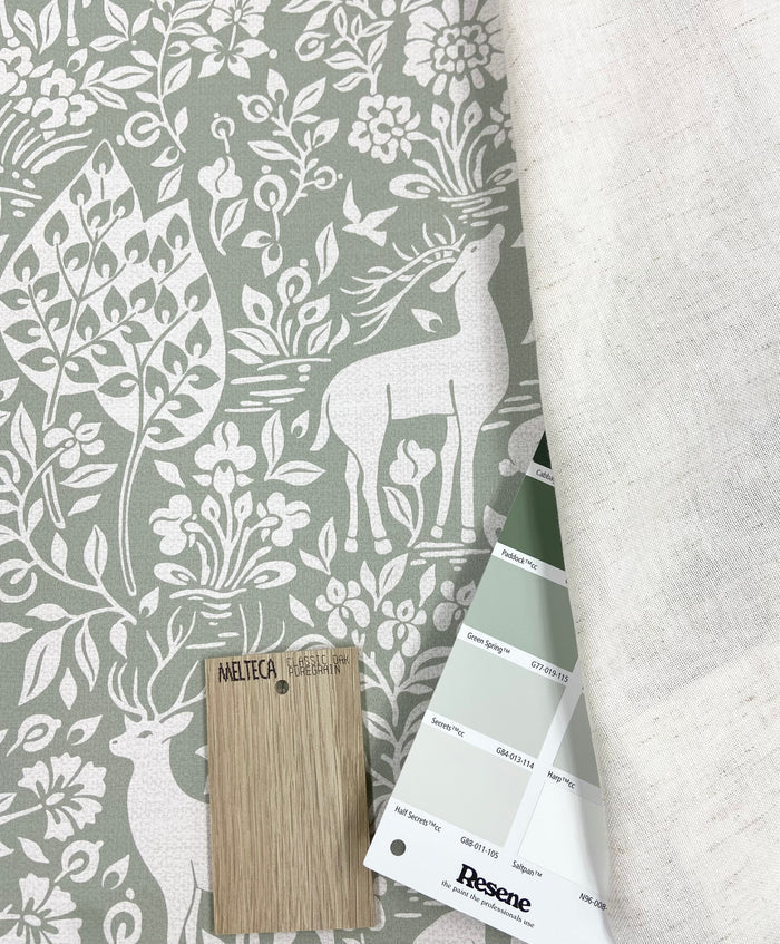 Deer Woods – Folk Forest Wallpaper – Sage