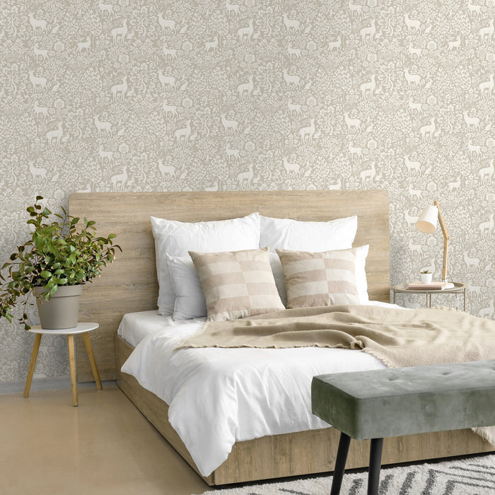 Deer Woods – Folk Forest Wallpaper – Taupe