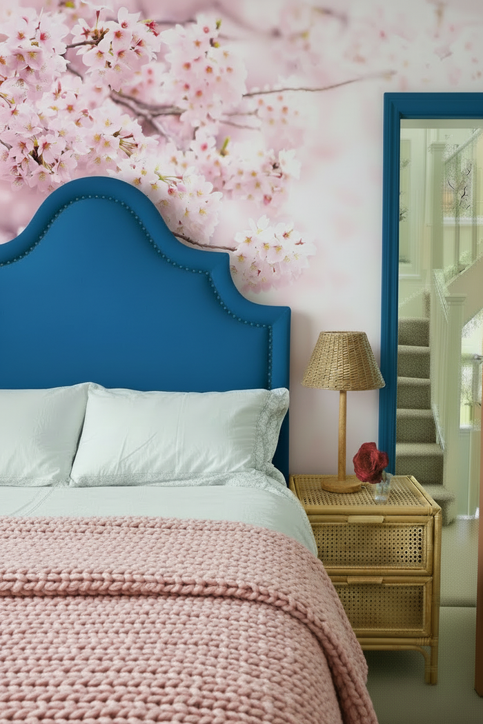 Bedroom with soft pink bedspread and cherry blossom wallpaper