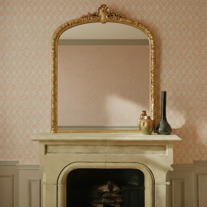 Diamond Wave Grasscloth with gold mirror and styled mantle