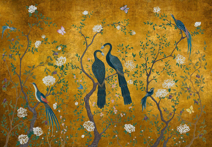 Edo Gold Peacock - Custom Sized Wallpaper Mural (per m2)