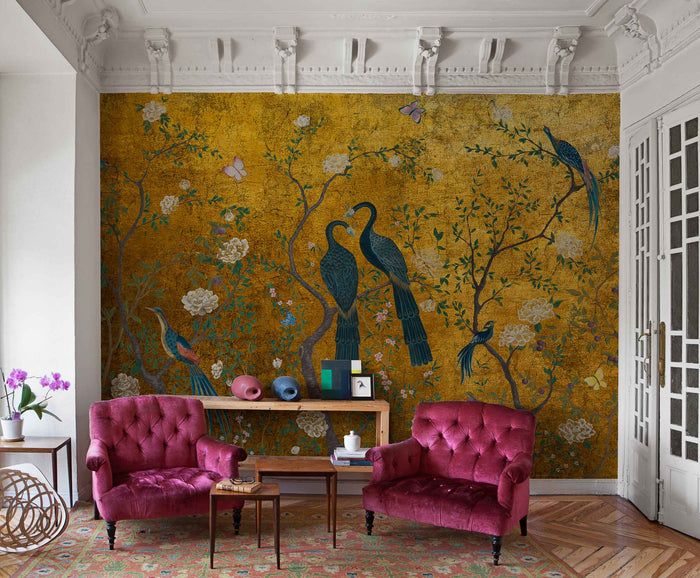Edo Gold Peacock - Custom Sized Wallpaper Mural (per m2)