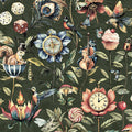 Elysium green wallpaper with a frog playing a cello, a squirrel in a teacup, a clock and a compass set in flowers