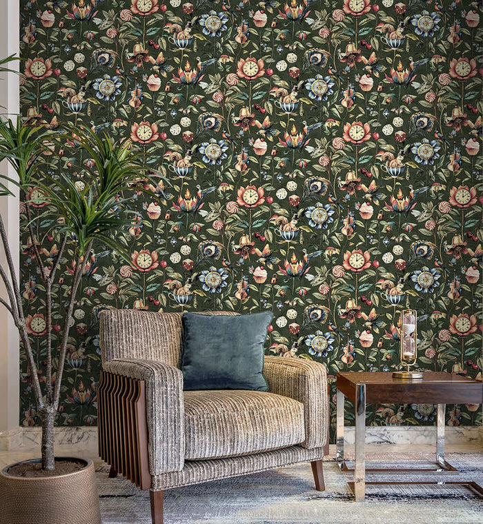 Green Elysium curiosity wallpaper on a dining room wall