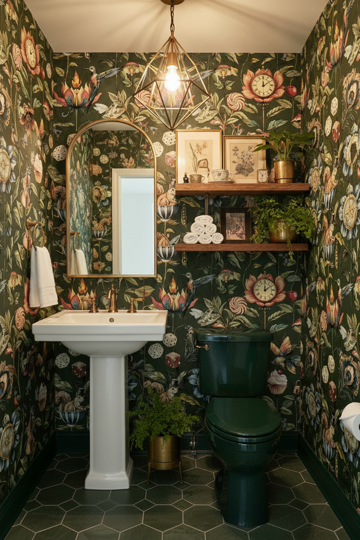 Toilet scene with dark green toilet and Elysium Green Wallpaper