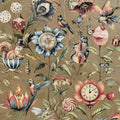 Elysium gold wallpaper with a frog playing a cello, a squirrel in a teacup, a clock and a compass set in flowers