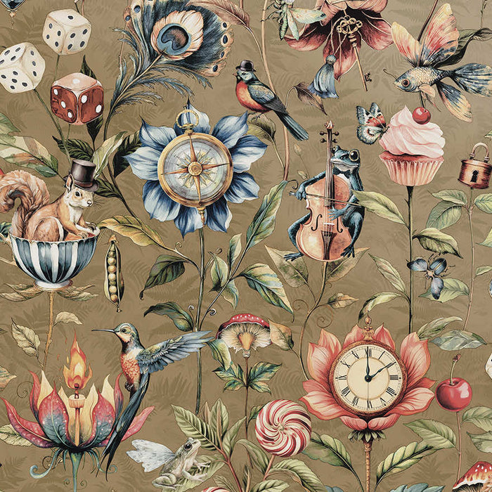 Elysium gold wallpaper with a frog playing a cello, a squirrel in a teacup, a clock and a compass set in flowers