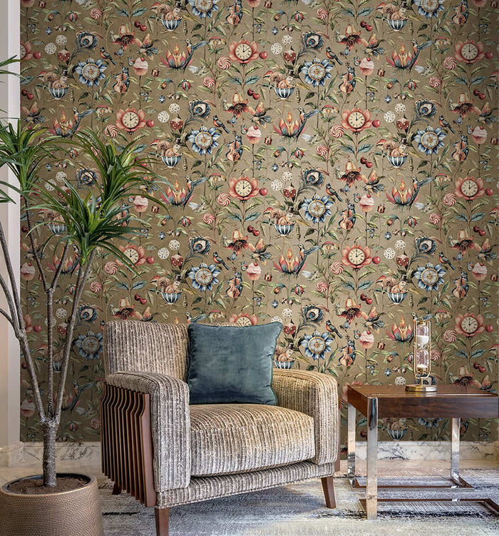 Gold Elysium curiosity wallpaper on a hallway wall
