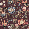 Elysium mulberry wallpaper with a frog playing a cello, a squirrel in a teacup, a clock and a compass set in flowers