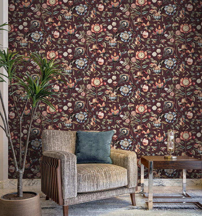 Mulberry Elysium curiosity wallpaper on a cloakroom wall