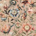 Elysium plaster wallpaper with a frog playing a cello, a squirrel in a teacup, a clock and a compass set in flowers