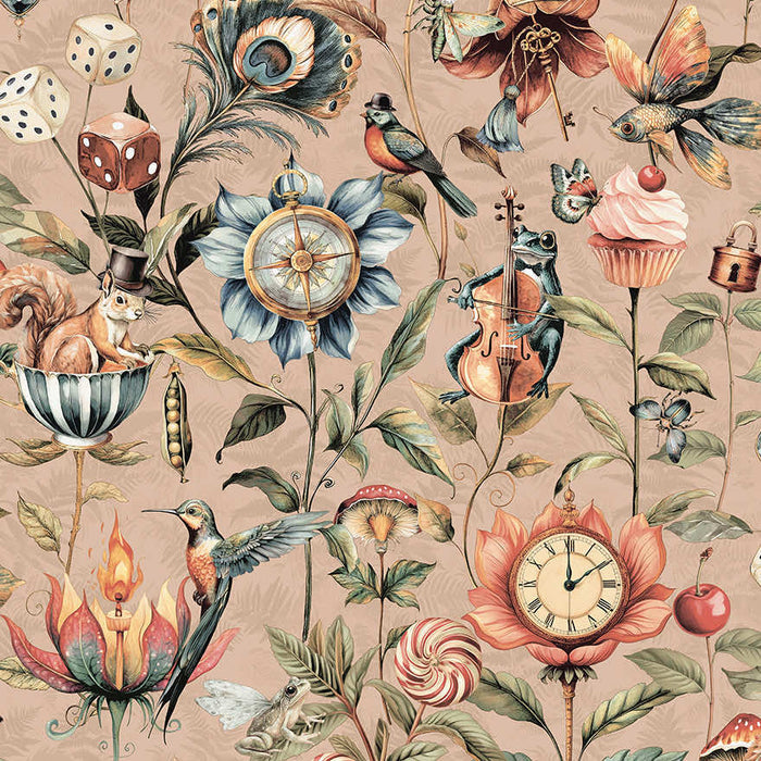 Elysium plaster wallpaper with a frog playing a cello, a squirrel in a teacup, a clock and a compass set in flowers
