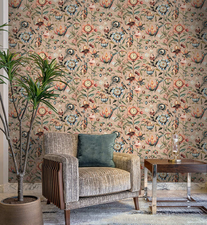 Plaster pink Elysium curiosity wallpaper on a bedroom wall