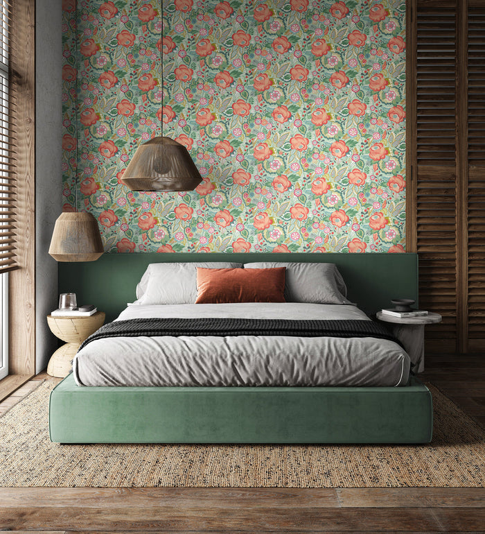 Emily Rose Wallpaper - Mint & Peach