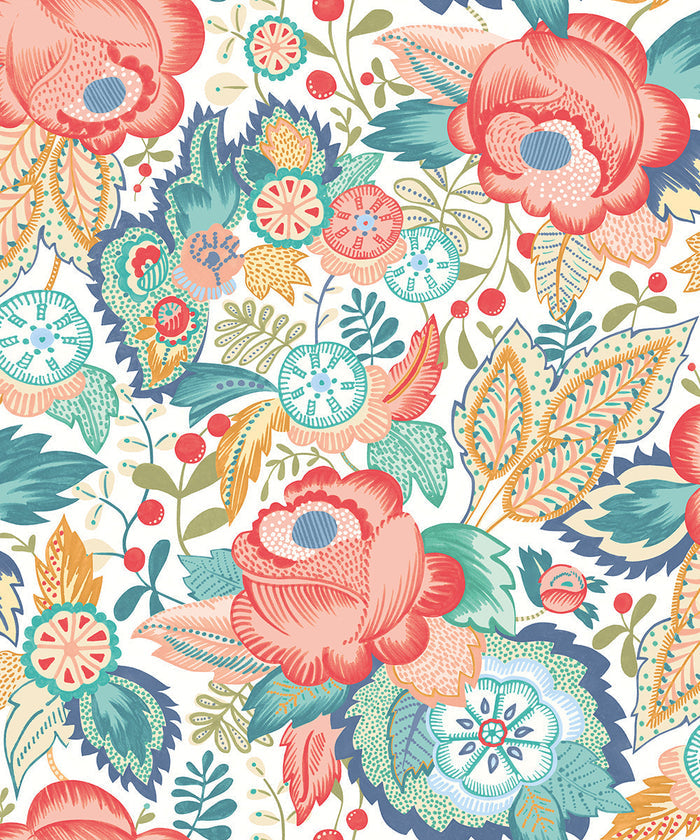 Emily Rose Wallpaper - Petrol & Coral