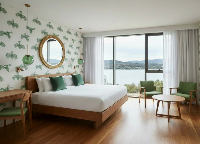 Fantail Flight Wallpaper Hotel Room with Green Glass Pendant Lights
