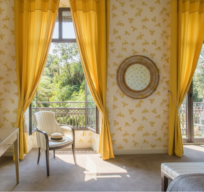 Room with Yellow Walls, Yellow Curtains, NZ Bush View and Books