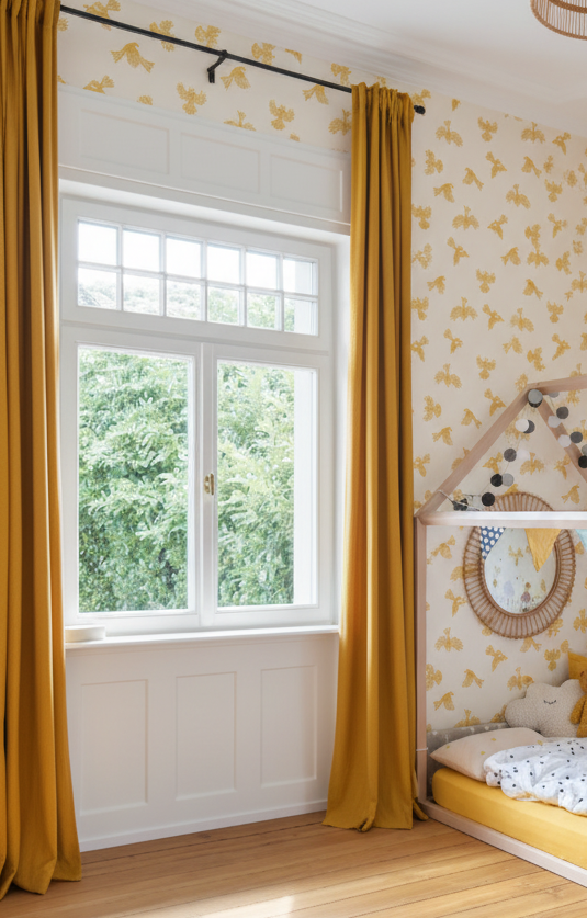Children's Bedroom with Mirror, Soft Toys and Fantail Wallpaper