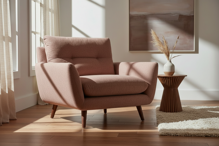 70s Lounge Chair in Felix Musk with Oatmeal Linen Curtains