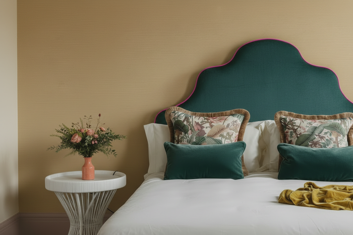 Lighter Gold Wallpaper with Teal Bedhead