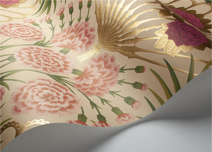 Flamenco Fan Wallpaper - Fuchsia, Rouge & Metallic Gold on Cream