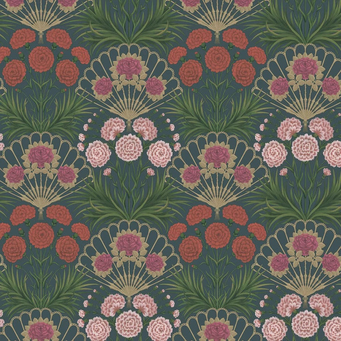 Flamenco Fan Wallpaper - Magenta Red & Gilver on Ink