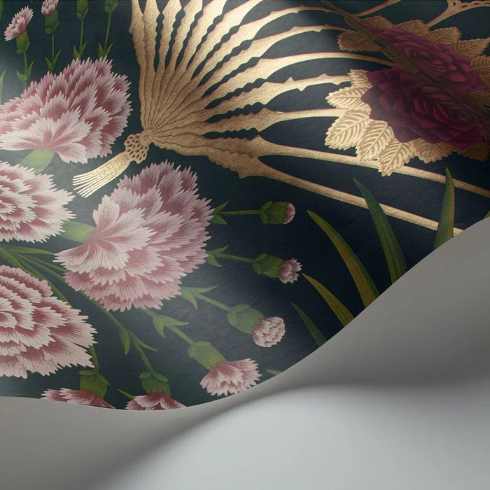 Flamenco Fan Wallpaper - Magenta Red & Gilver on Ink