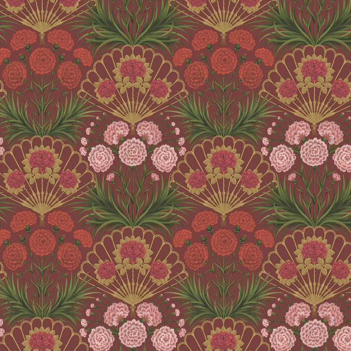 Flamenco Fan Wallpaper - Rose Bright & Metallic Gold on Crimson