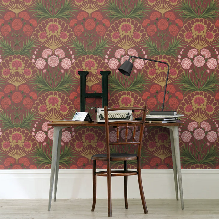 Flamenco Fan Wallpaper - Rose Bright & Metallic Gold on Crimson