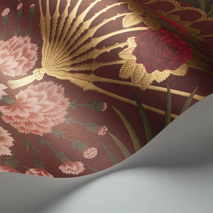 Flamenco Fan Wallpaper - Rose Bright & Metallic Gold on Crimson