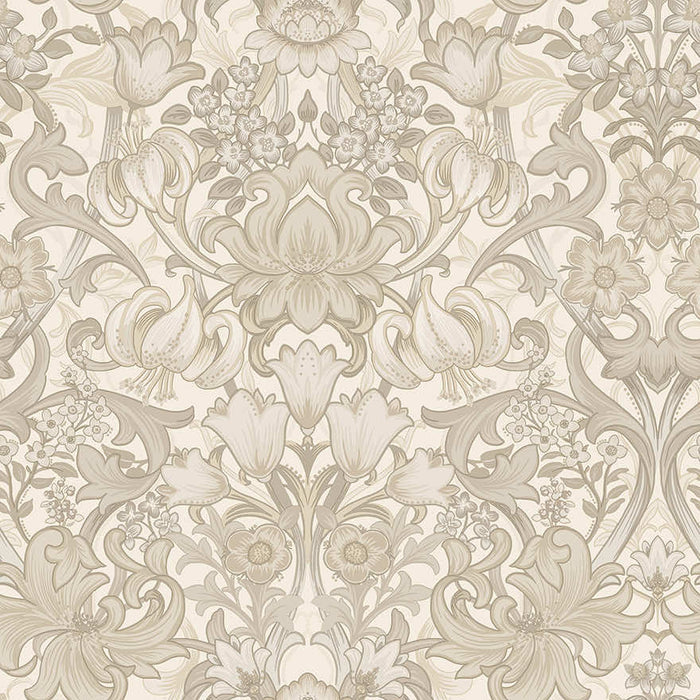 Neutral floral damask wallpaper with lilies, tulips and acanthus scrollwork in stone and taupe — flat pattern detail