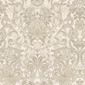 Neutral floral damask wallpaper with lilies, tulips and acanthus scrollwork in stone and taupe — flat pattern detail