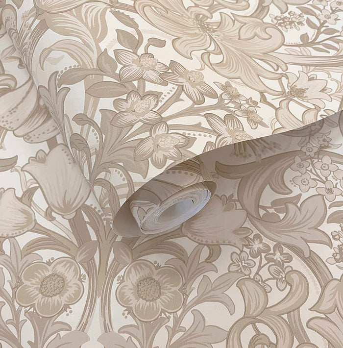Roll of Fleurmont floral damask wallpaper in neutral