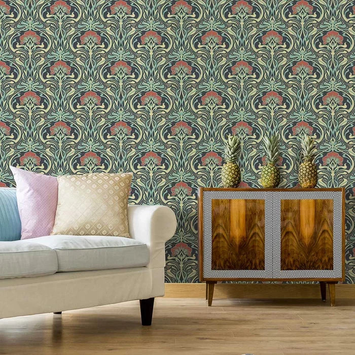 Flora Art Deco Wallpaper - Peacock Green