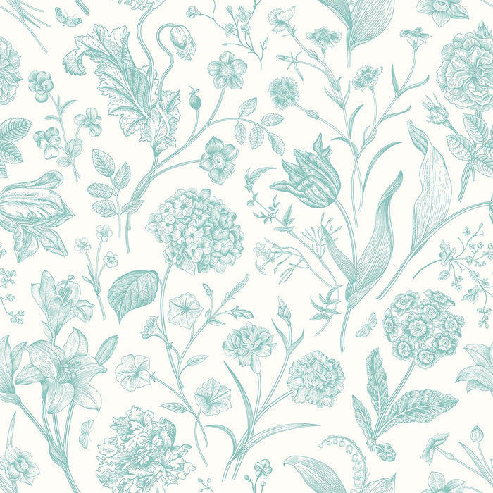 Floral Toile Wallpaper - Duck Egg Blue