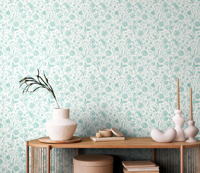 Floral Toile Wallpaper - Duck Egg Blue
