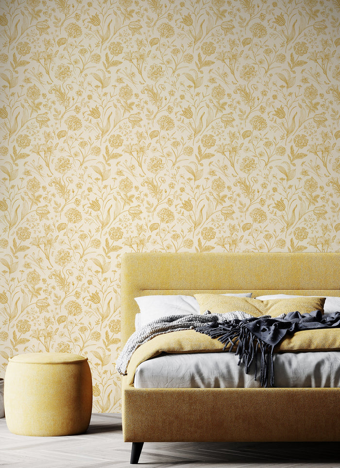 Floral Toile Wallpaper - Rich Butter