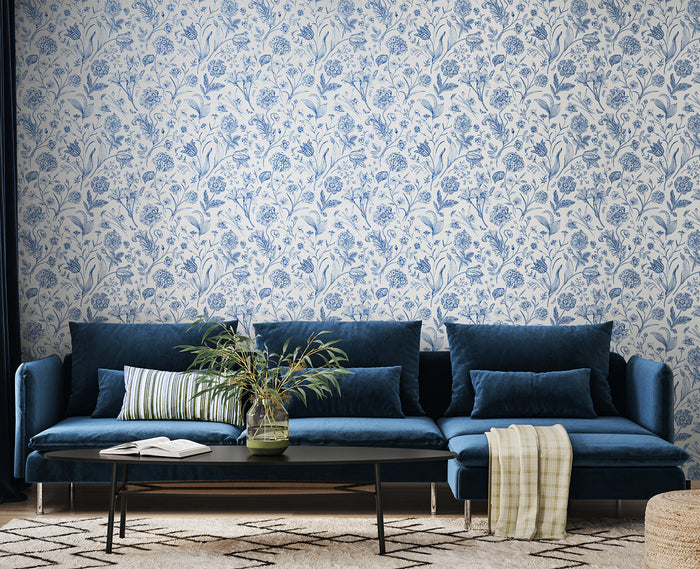 Floral Toile Wallpaper - Royal Blue